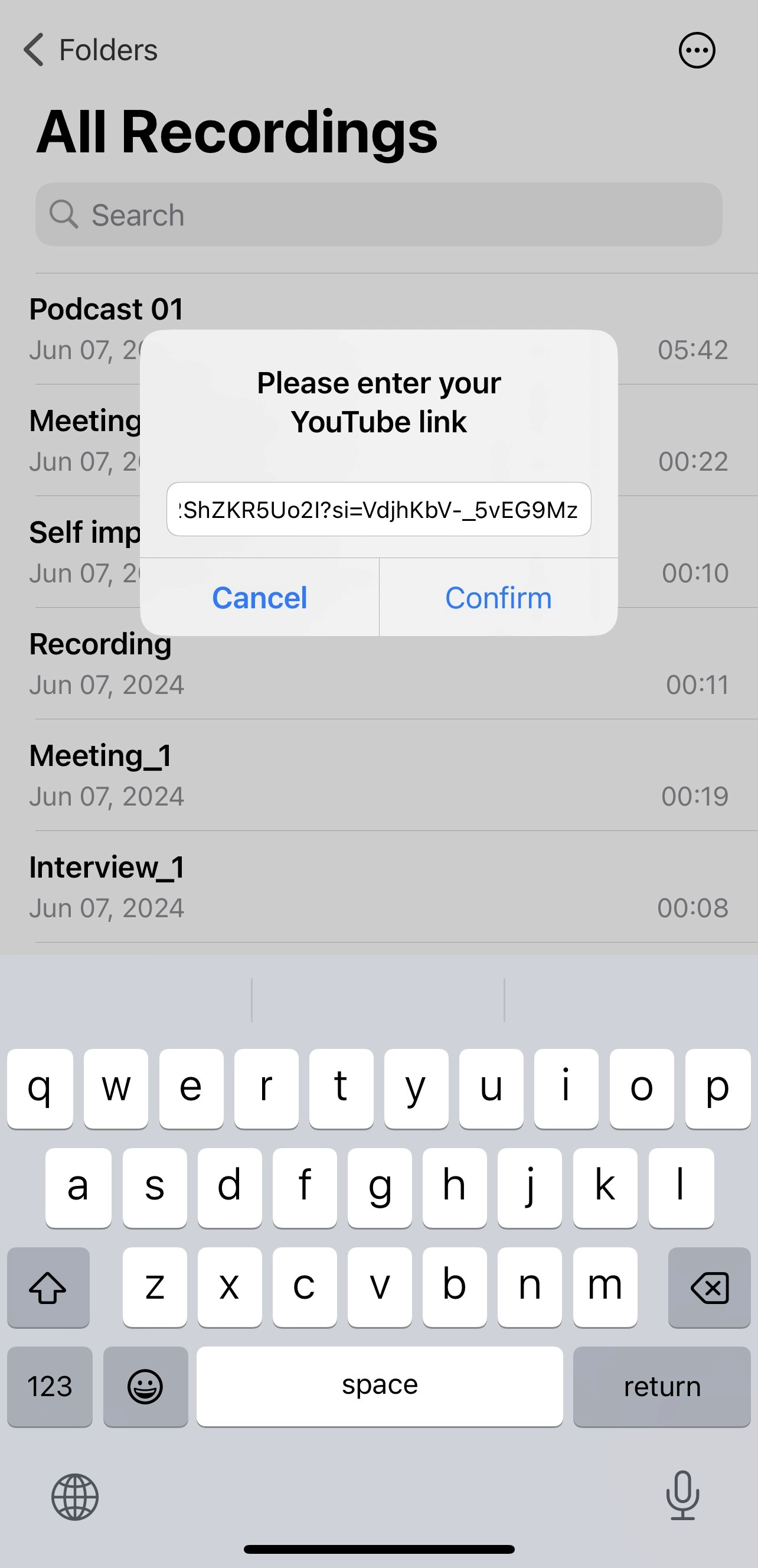 capture d'écran de l'importation du lien youtube