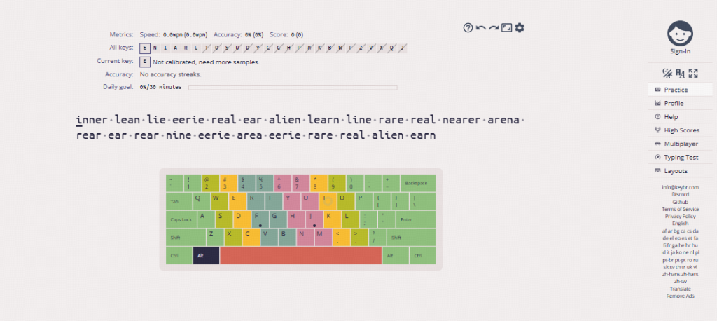 Keybr 使用智能算法生成打字练习，逐步引入新字母