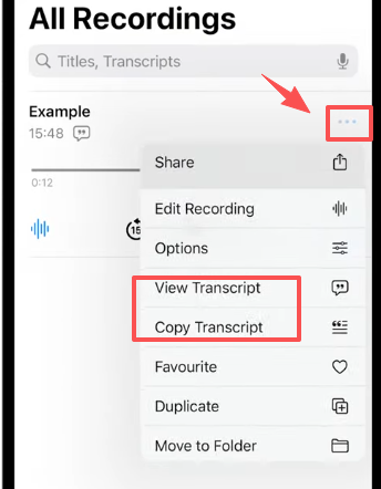 tap the three dots (…) next to your recording. From the menu, choose “ view or copy Transcript.”