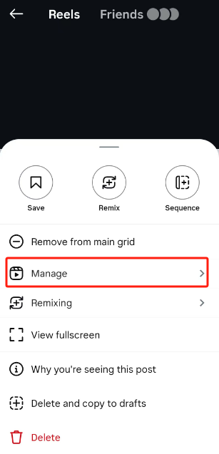 tap Manage in Instagram reels