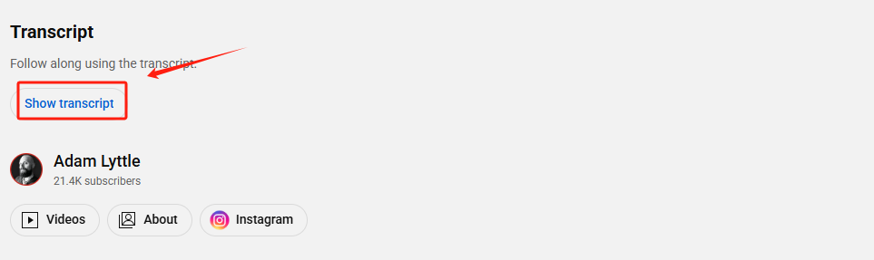 click “Show transcript” from the dropdown menu of youtube video