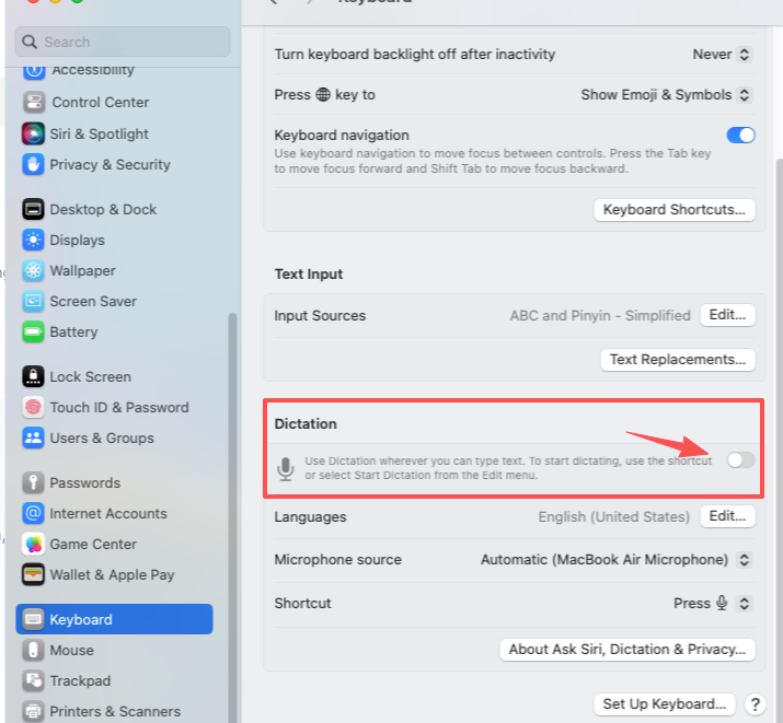 For macOS Ventura or Sonoma: System Settings → Keyboard → Toggle Dictation on.