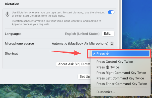 Setting a Dictation Keyboard Shortcut