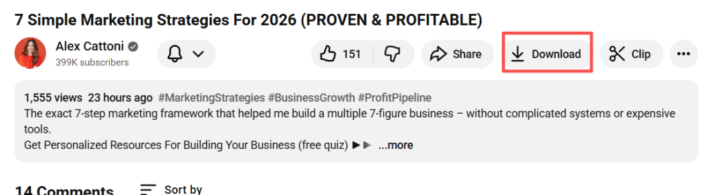 Below the video title, swipe along the icons until you see the Download button.