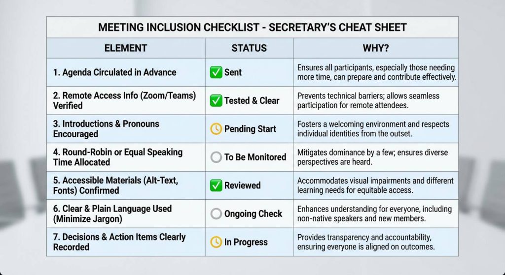 meeting inclusion checklist secretary's cheat sheet