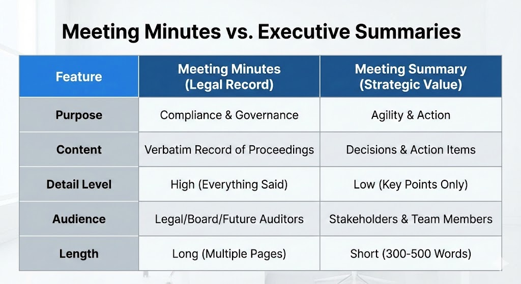 meeting minutes vs. executive summaries key differences