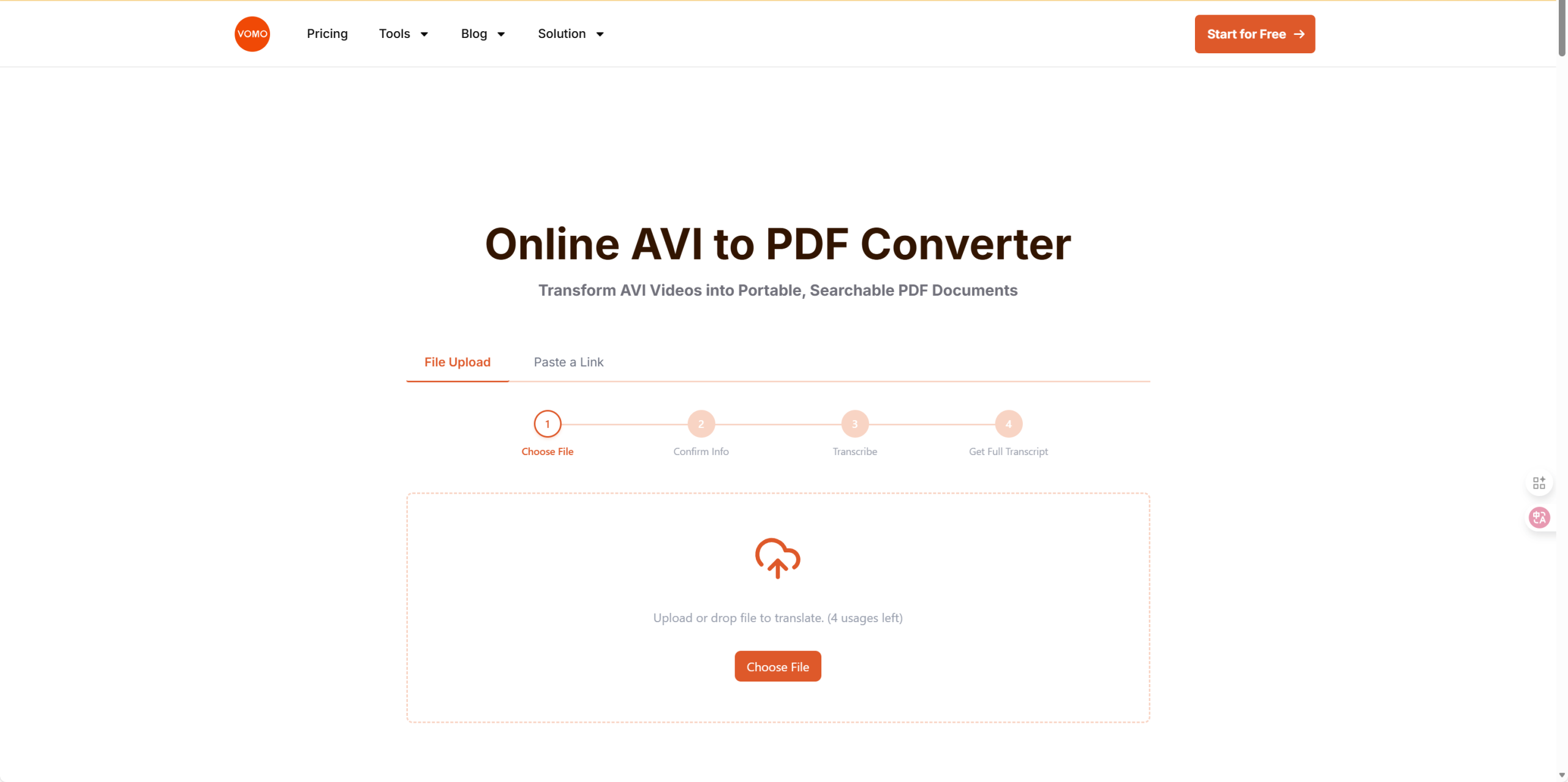 Convertir AVI a PDF — Vídeo a documento | VOMO AI