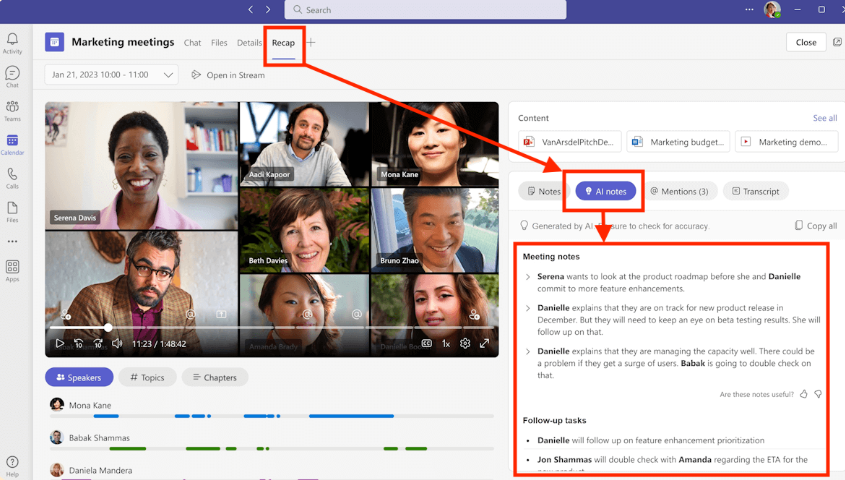 få mötesanteckningar från fliken Sammanfattning