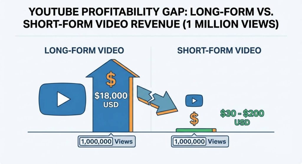 Youtube 盈利能力差距 长视频与短视频收入(100 万观看次数)