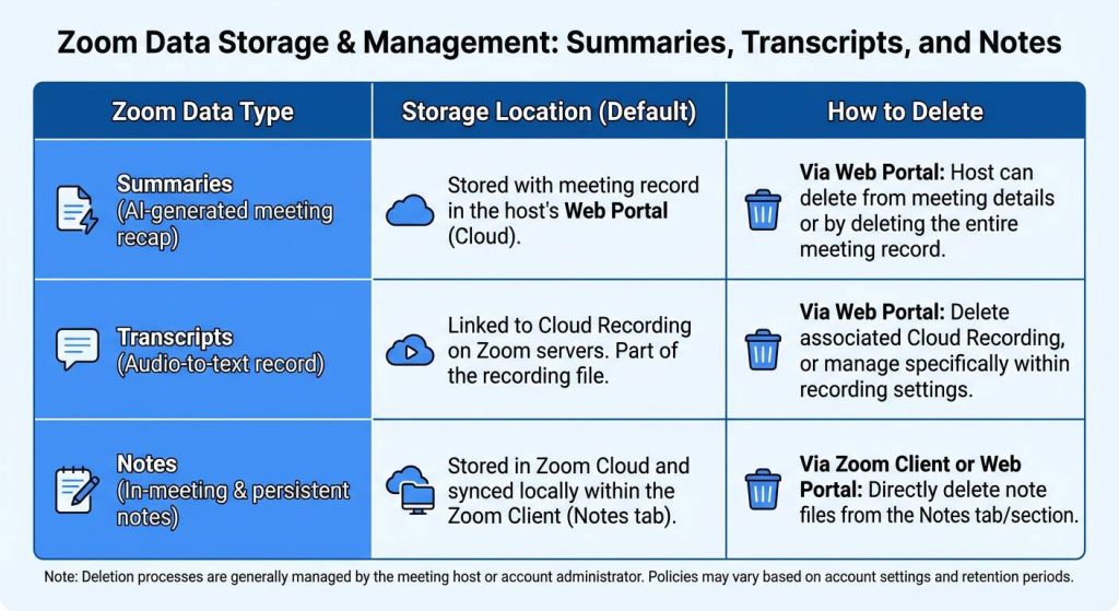 zoom data storage & management summaries, transcripts, and notes